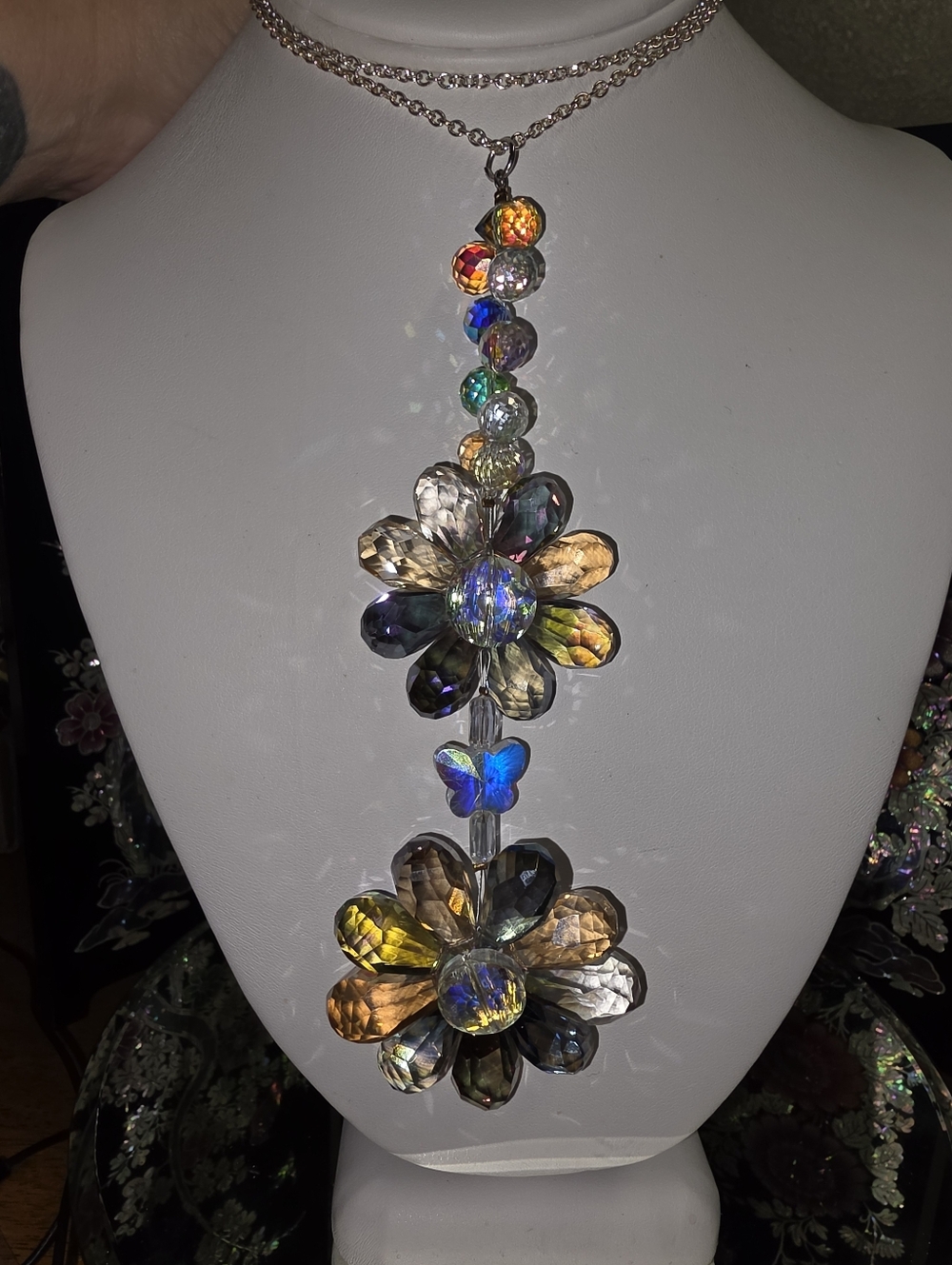 Aurora Borealis Flower and Butterfly Silver-tone Necklace - Picture 6 of 8